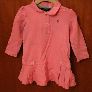 Ralph Lauren Pink Cotton Pique Side Tab Pleated Long Sleeve Dress 24 Months